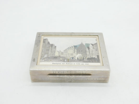 German Sterling Silver Military Interest Cigarette Box Painting Lid Vintage 1970