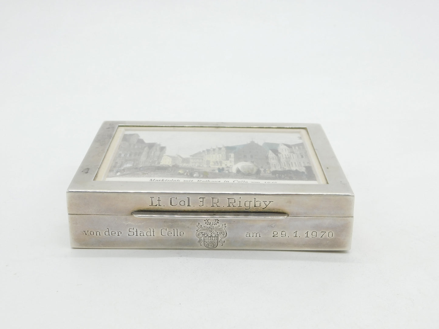 German Sterling Silver Military Interest Cigarette Box Painting Lid Vintage 1970
