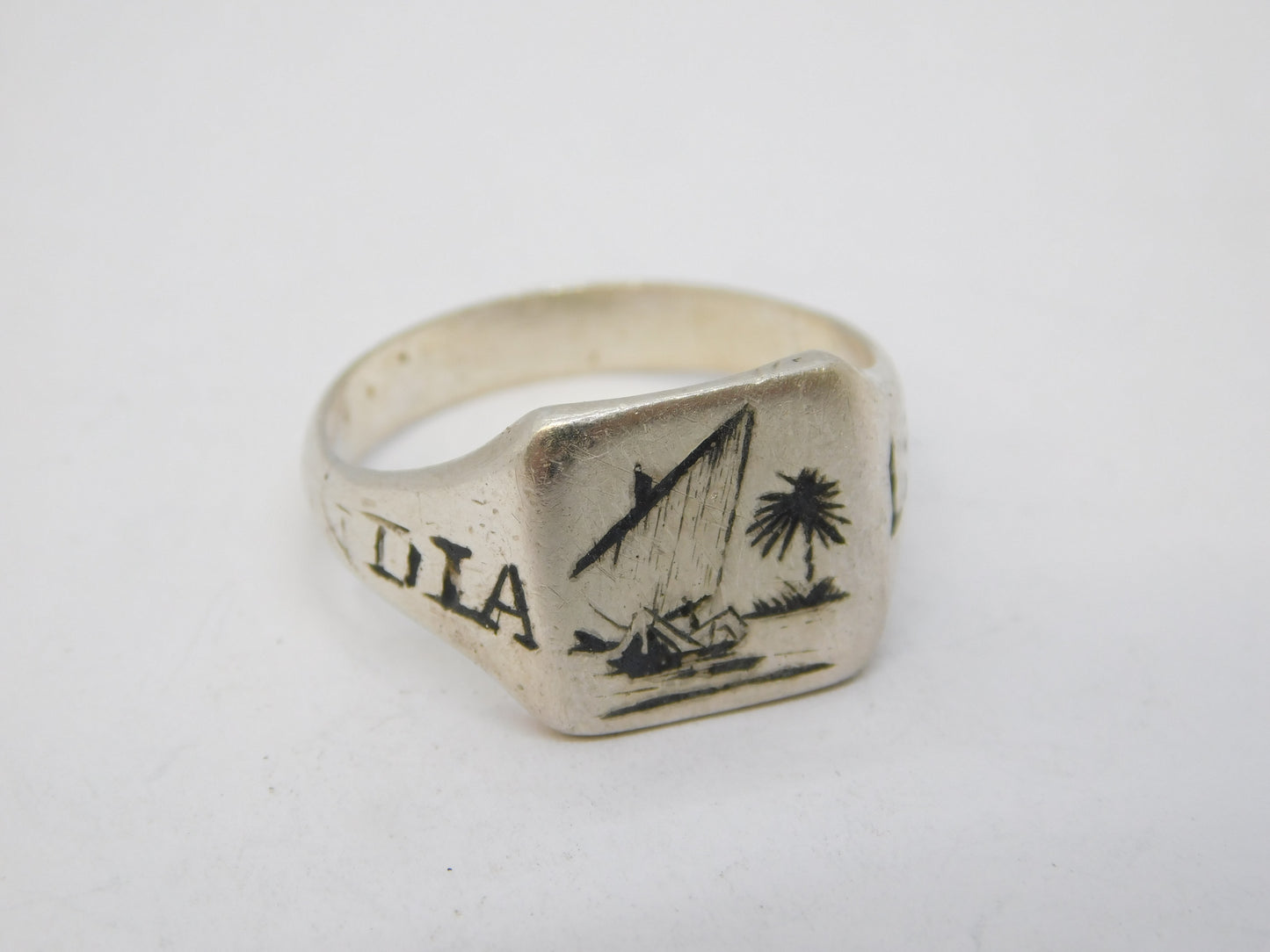 WWII-era Sterling Silver Niello 'India, 1943' Wartime Signet Ring Antique