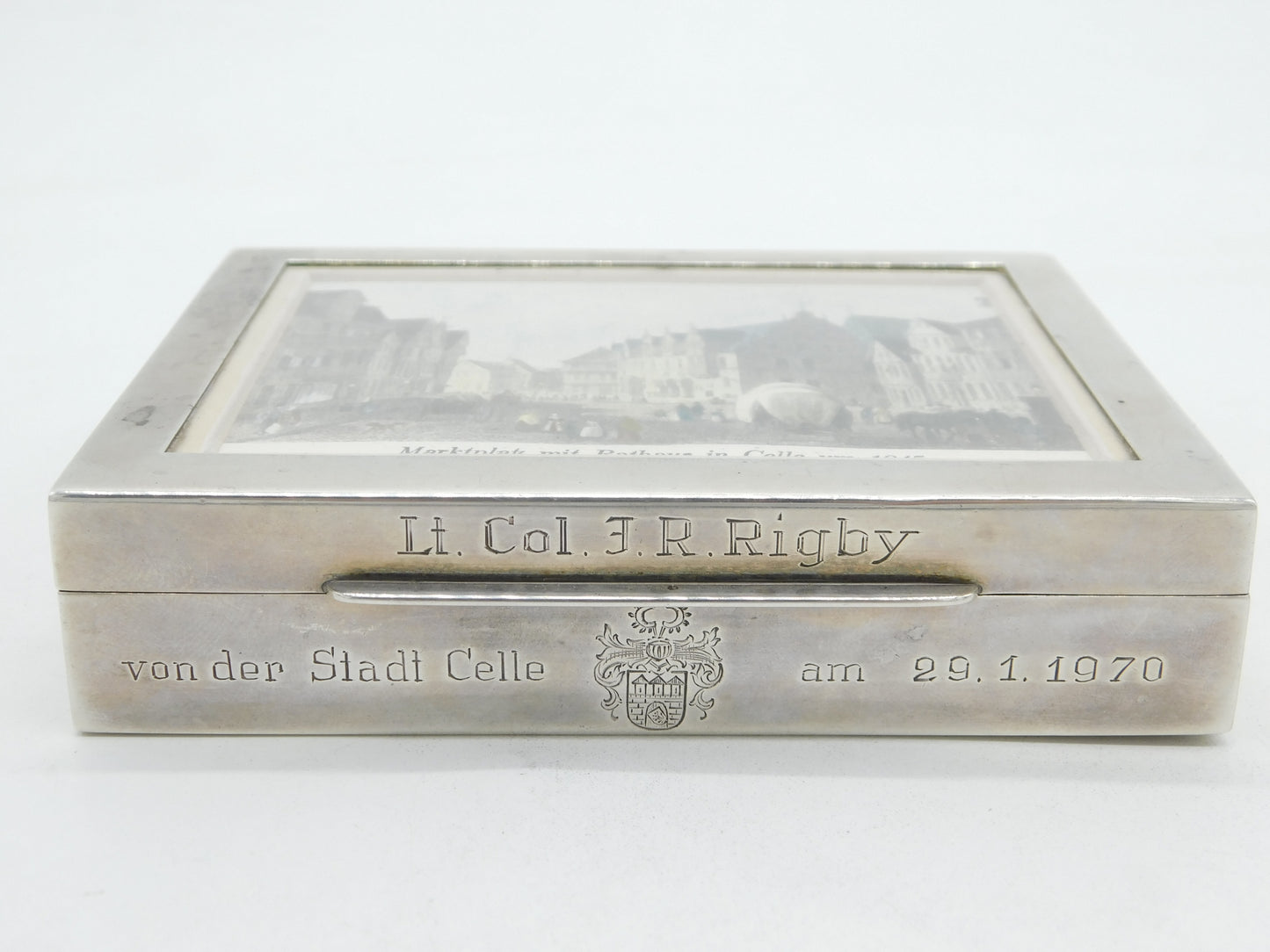 German Sterling Silver Military Interest Cigarette Box Painting Lid Vintage 1970