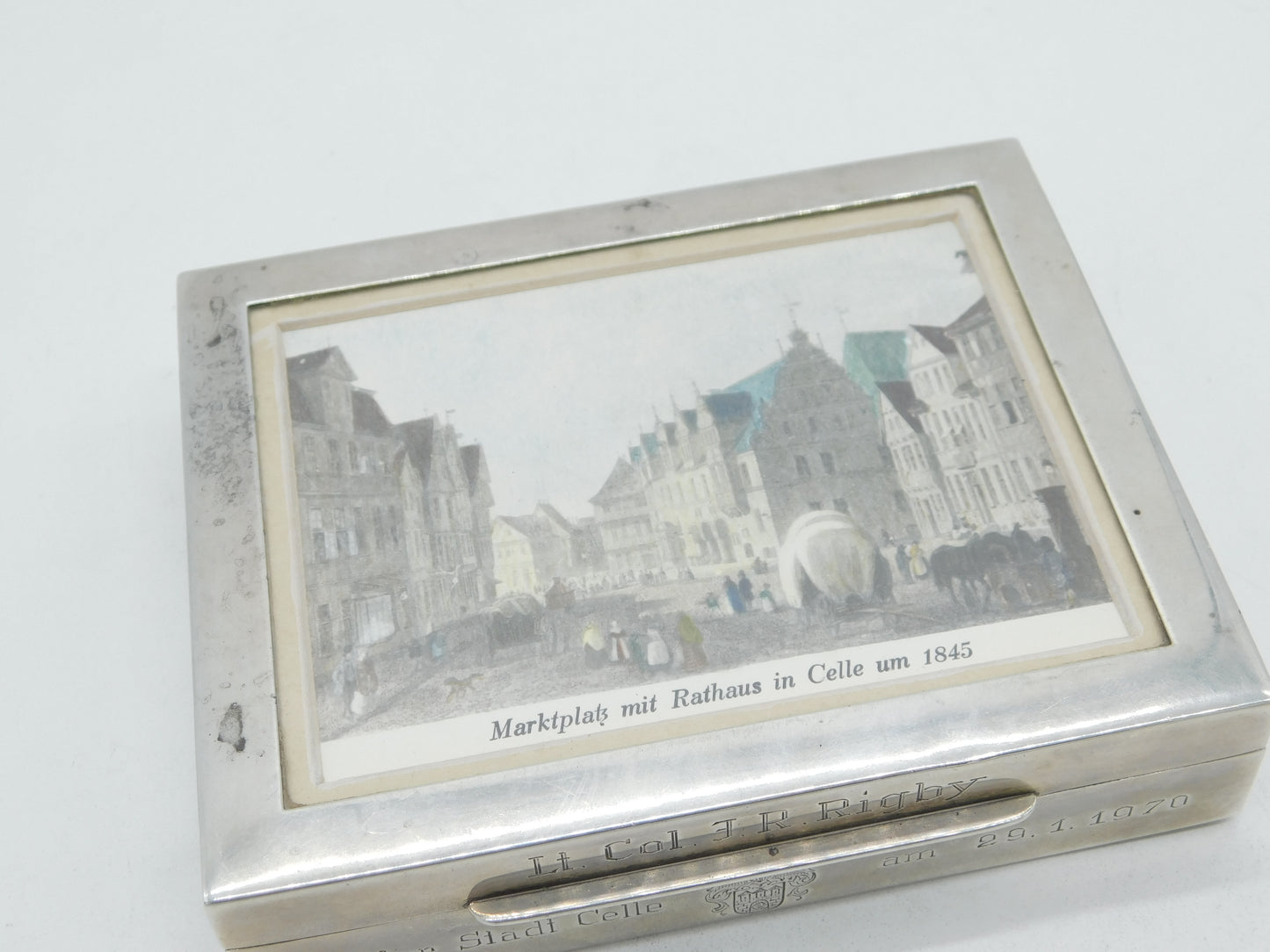 German Sterling Silver Military Interest Cigarette Box Painting Lid Vintage 1970