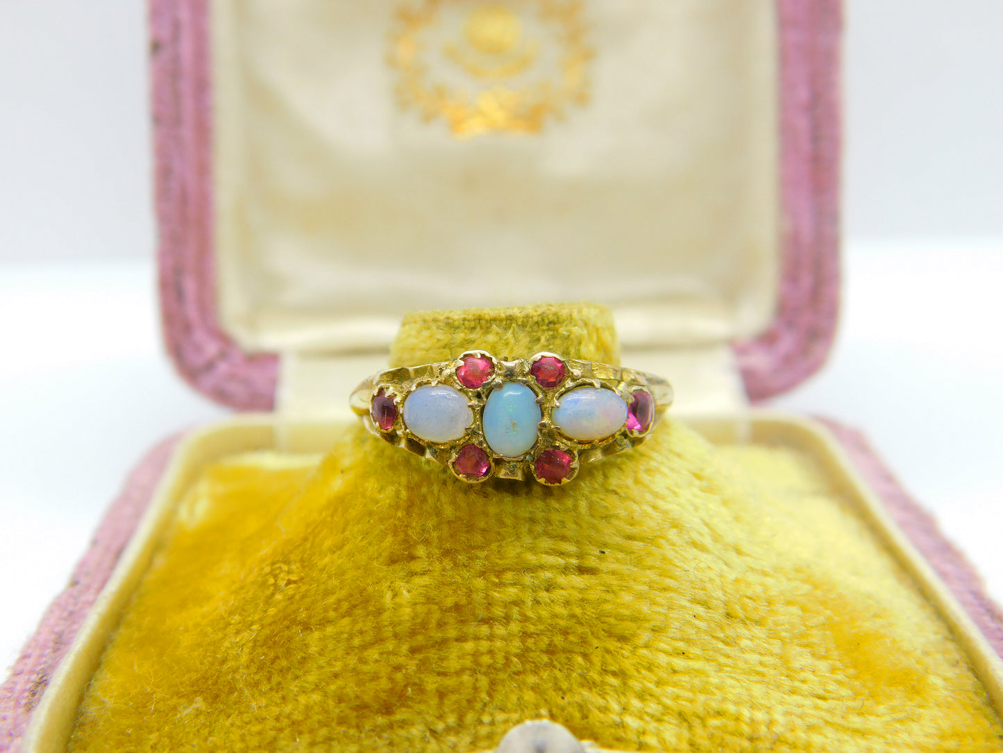 Regency 18ct Yellow Gold, Water Opal & Ruby Floral Band Ring Antique c1840