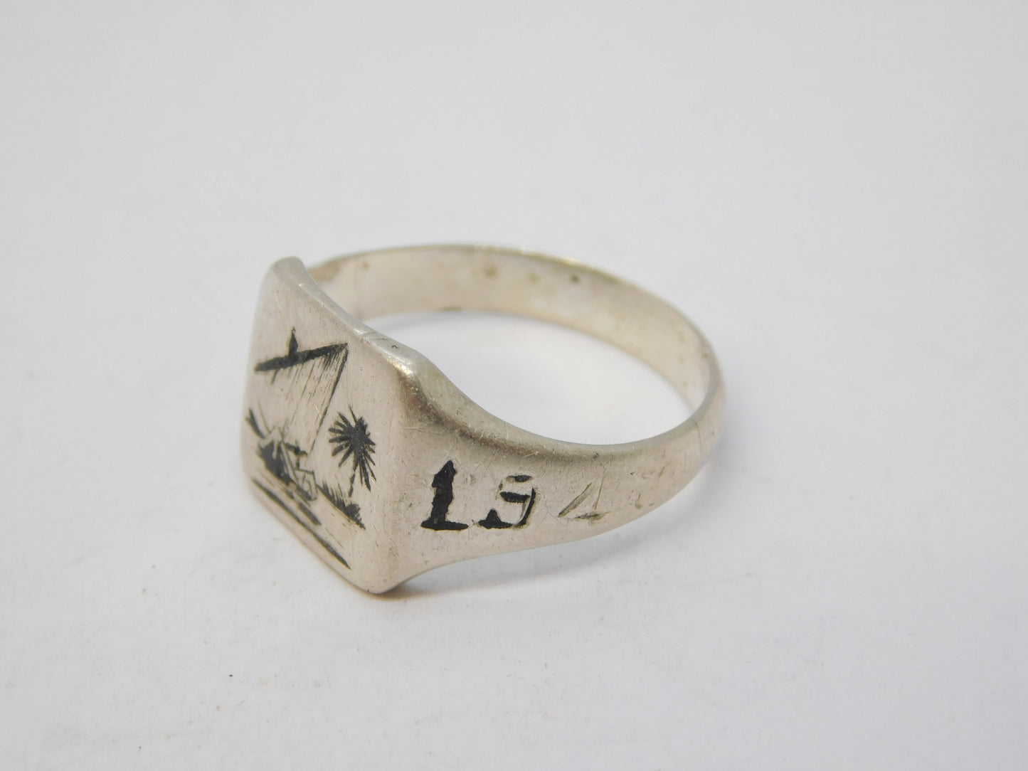 WWII-era Sterling Silver Niello 'India, 1943' Wartime Signet Ring Antique
