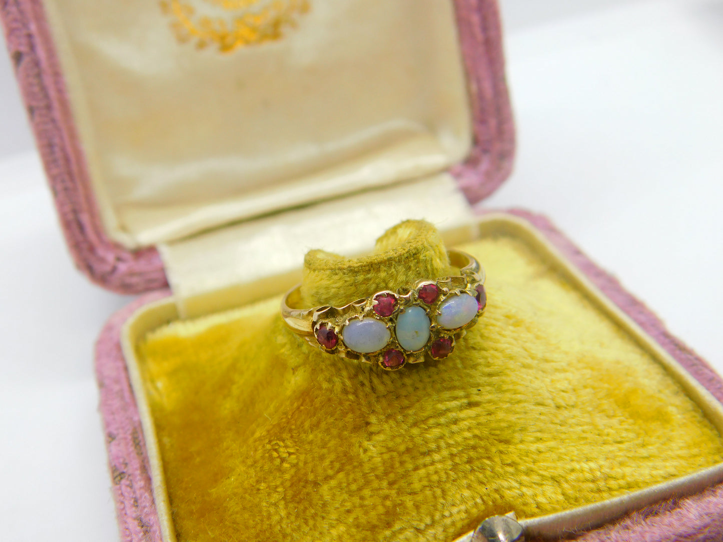 Regency 18ct Yellow Gold, Water Opal & Ruby Floral Band Ring Antique c1840