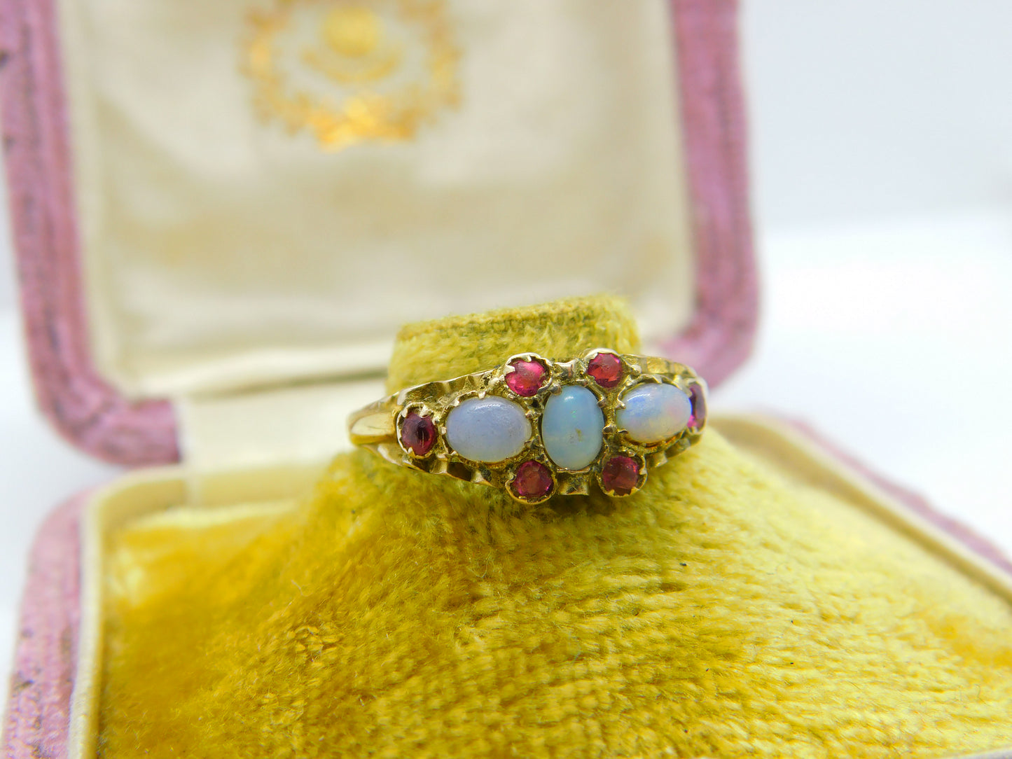 Regency 18ct Yellow Gold, Water Opal & Ruby Floral Band Ring Antique c1840