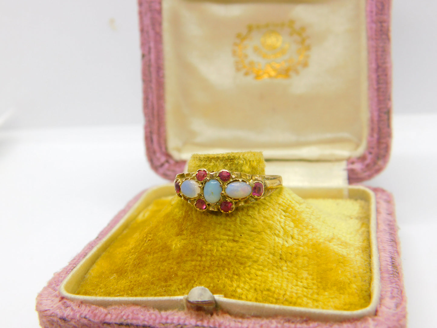 Regency 18ct Yellow Gold, Water Opal & Ruby Floral Band Ring Antique c1840