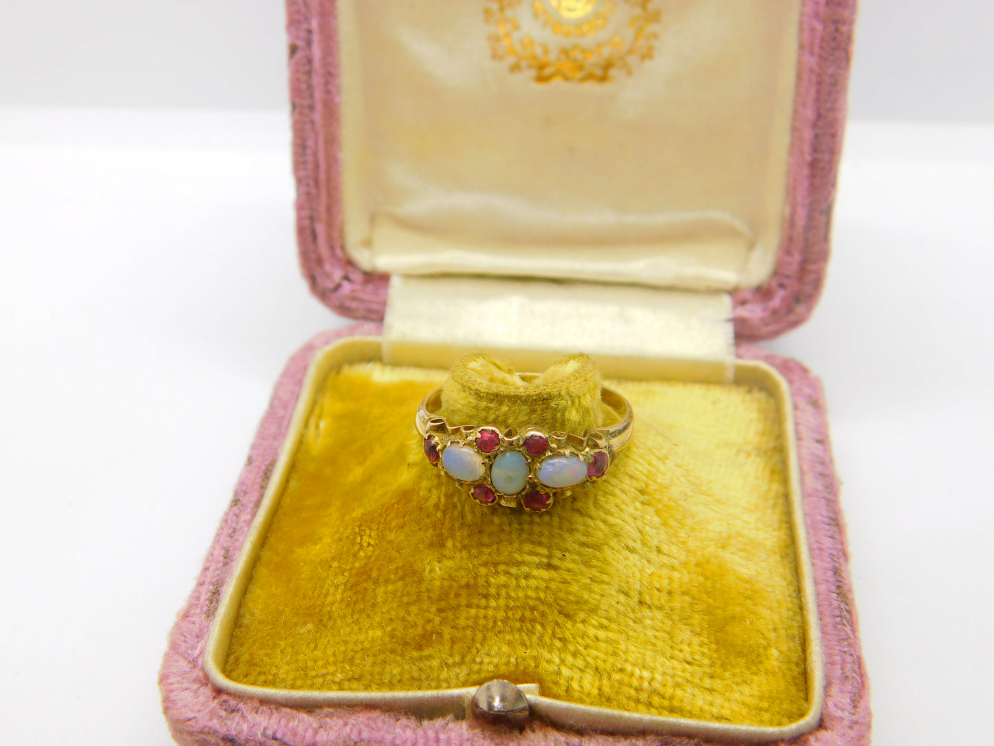 Regency 18ct Yellow Gold, Water Opal & Ruby Floral Band Ring Antique c1840