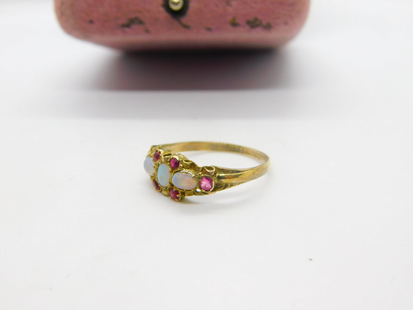 Regency 18ct Yellow Gold, Water Opal & Ruby Floral Band Ring Antique c1840