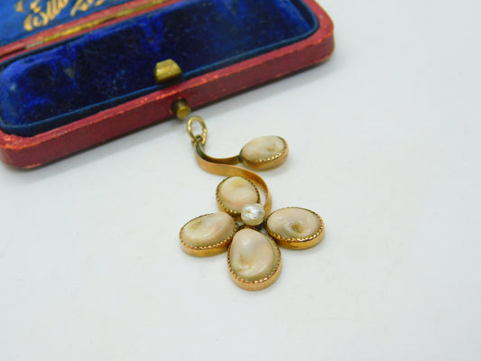 Art Nouveau Victorian 9ct Rose Gold, Shell & Pearl Floral Pendant Antique c1900