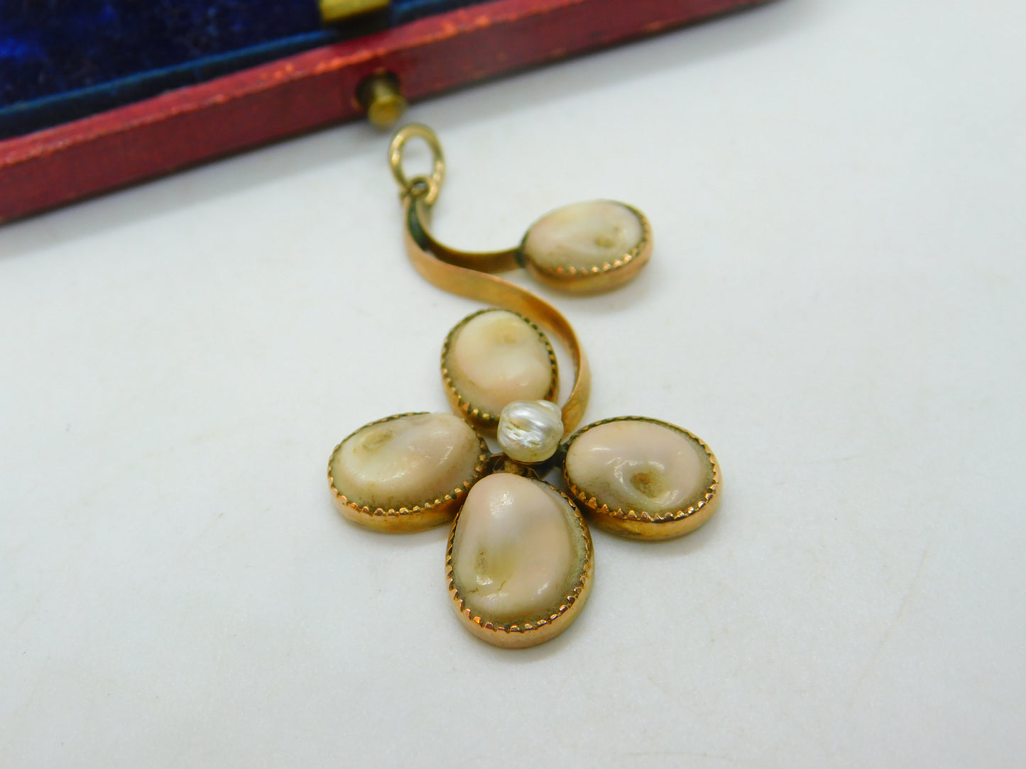 Art Nouveau Victorian 9ct Rose Gold, Shell & Pearl Floral Pendant Antique c1900