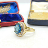 9ct Yellow Gold Topaz & Diamond Dress Ring Vintage 1982 Birmingham Size L UK