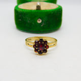 14ct Yellow Gold Bohemian Garnet Floral Cluster Ring Vintage c1970