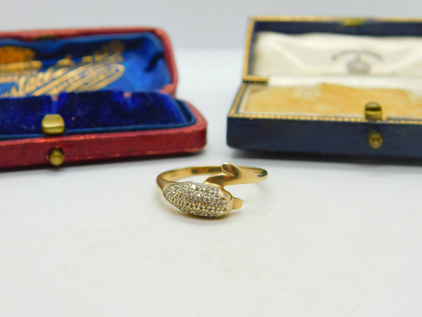 9ct Yellow Gold & Diamond Dolphin Form Band Ring Vintage c1990 Birmingham