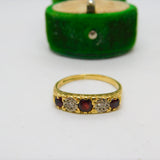 18ct Yellow Gold, Garnet & Diamond Victorian Style Boat Ring Vintage 1973