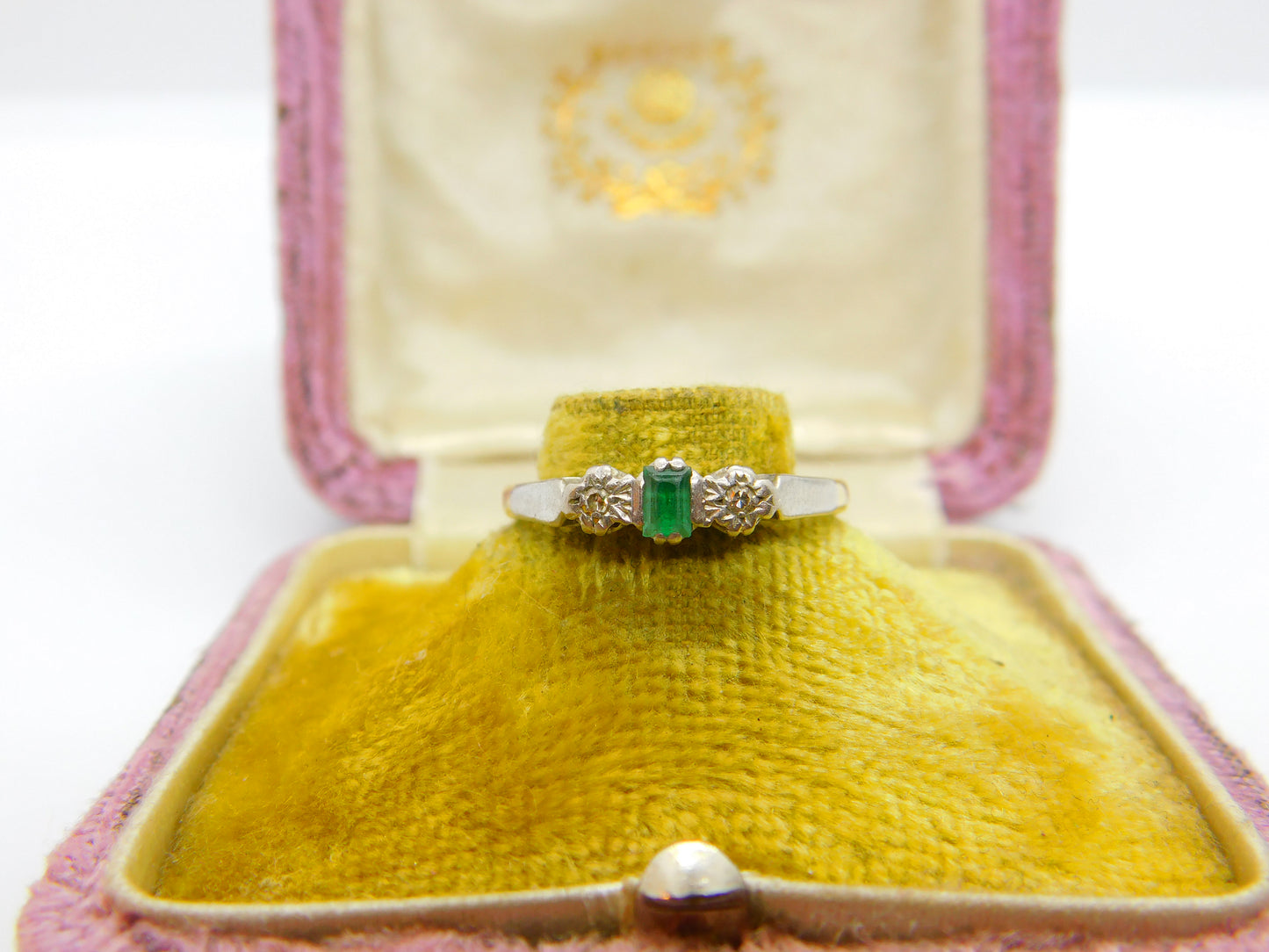 Emerald and Diamond 18ct Yellow Gold and Platinum Ring Antique Art Deco