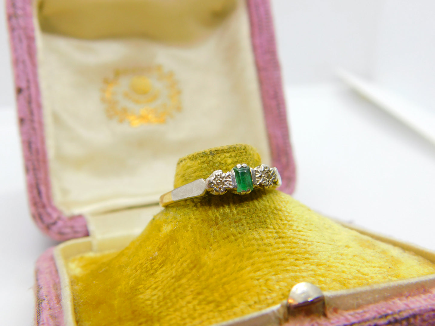 Emerald and Diamond 18ct Yellow Gold and Platinum Ring Antique Art Deco