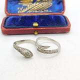 Sterling Silver Pave Set Paste & Emerald Eye Double Serpent Snake Ring Vintage