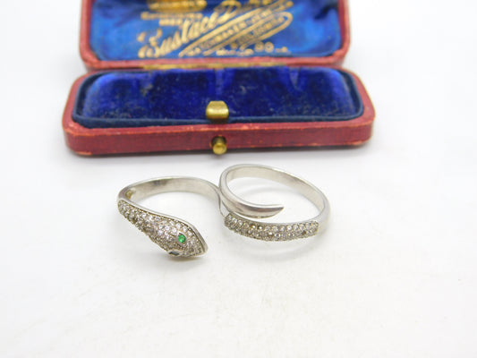 Sterling Silver Pave Set Paste & Emerald Eye Double Serpent Snake Ring Vintage