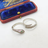 Sterling Silver Pave Set Paste & Emerald Eye Double Serpent Snake Ring Vintage