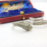 Sterling Silver Pave Set Paste & Emerald Eye Double Serpent Snake Ring Vintage