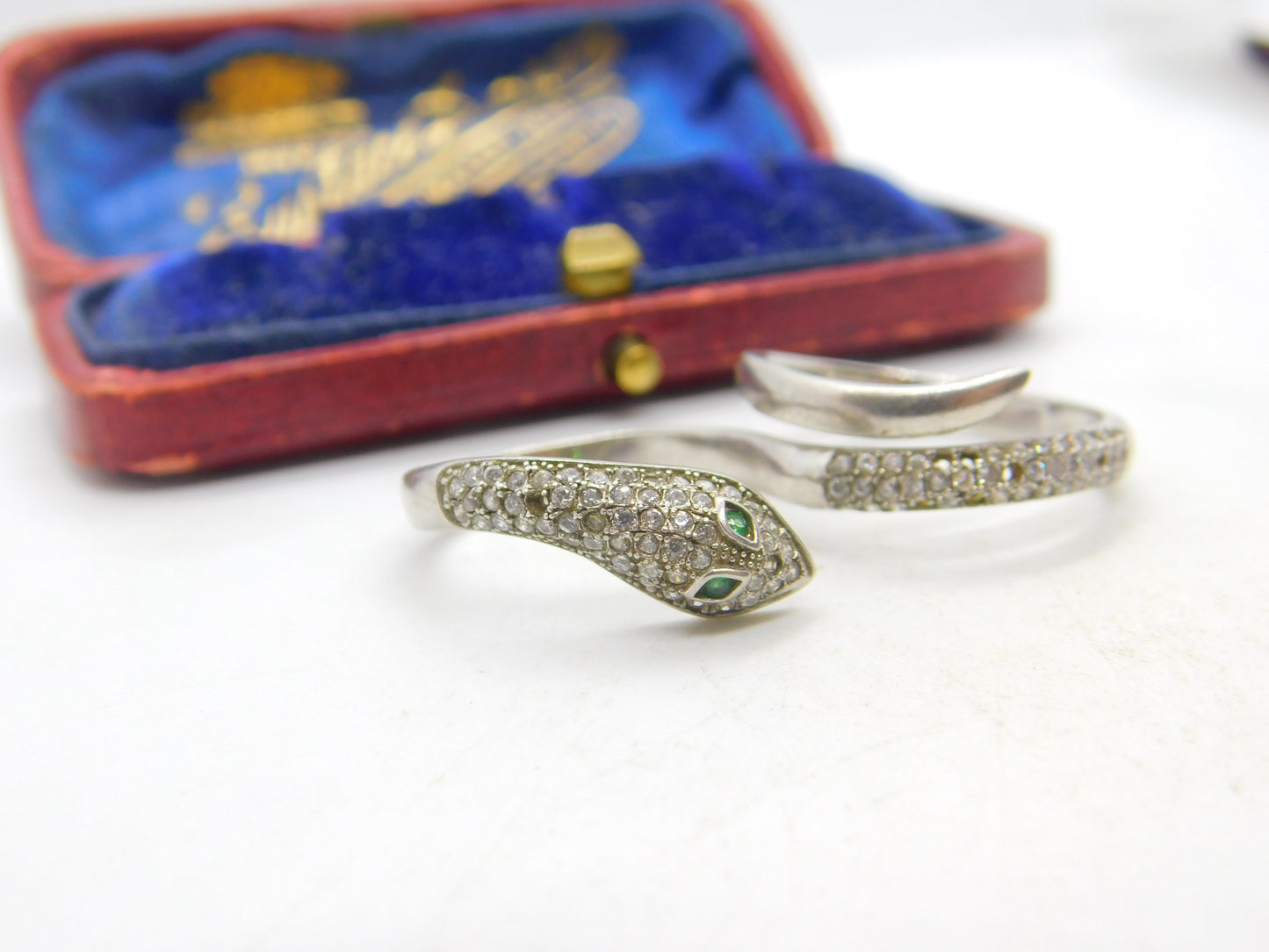 Sterling Silver Pave Set Paste & Emerald Eye Double Serpent Snake Ring Vintage