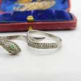 Sterling Silver Pave Set Paste & Emerald Eye Double Serpent Snake Ring Vintage