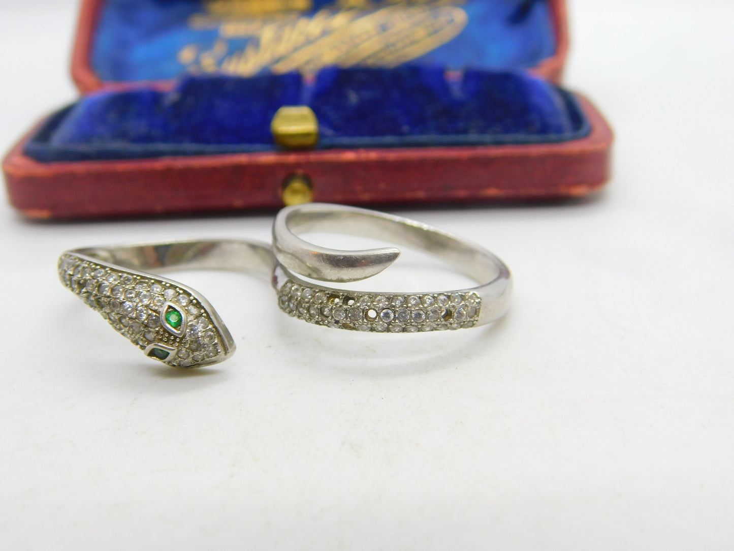 Sterling Silver Pave Set Paste & Emerald Eye Double Serpent Snake Ring Vintage