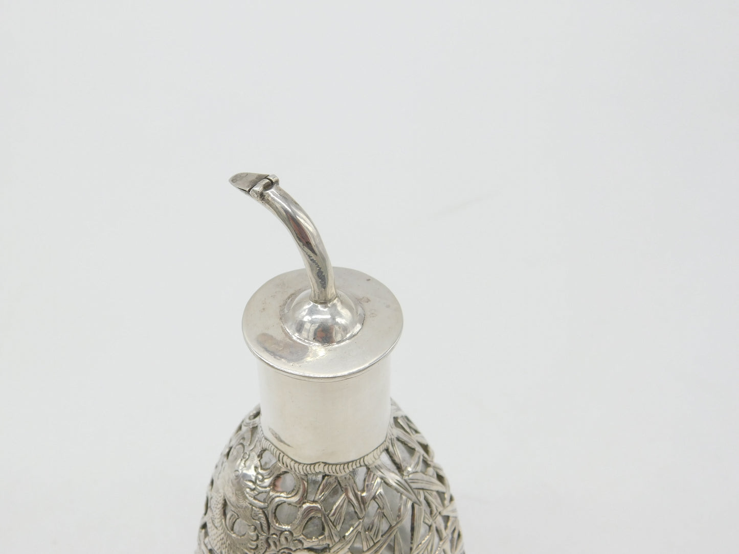 Chinese Export Sterling Silver & Dimpled Glass Soy Pourer Antique c1940 Deco