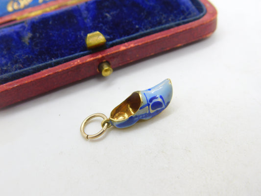 14ct Yellow Gold & Blue Enamel Dutch Clog Charm Antique c1940 Art Deco AF