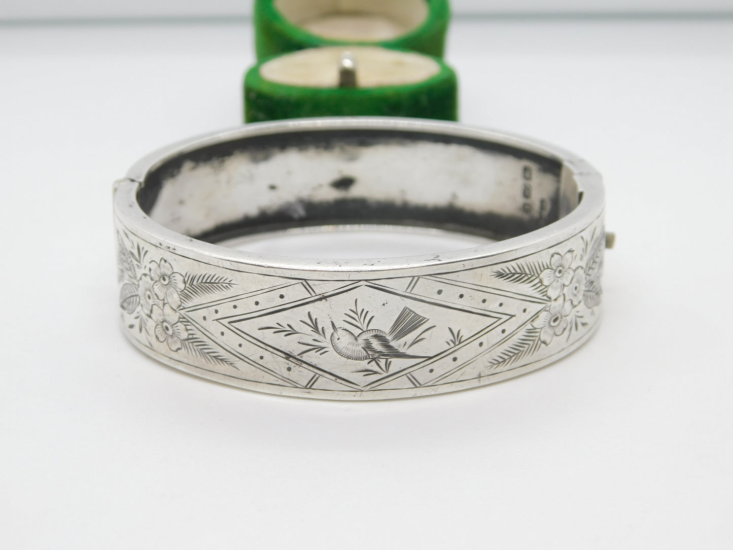 Victorian Sterling Silver Aesthetic Bird Floral Pattern Bangle Antique 1883 Birmingham