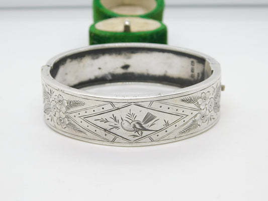 Victorian Sterling Silver Aesthetic Bird Floral Pattern Bangle Antique 1883 Birmingham