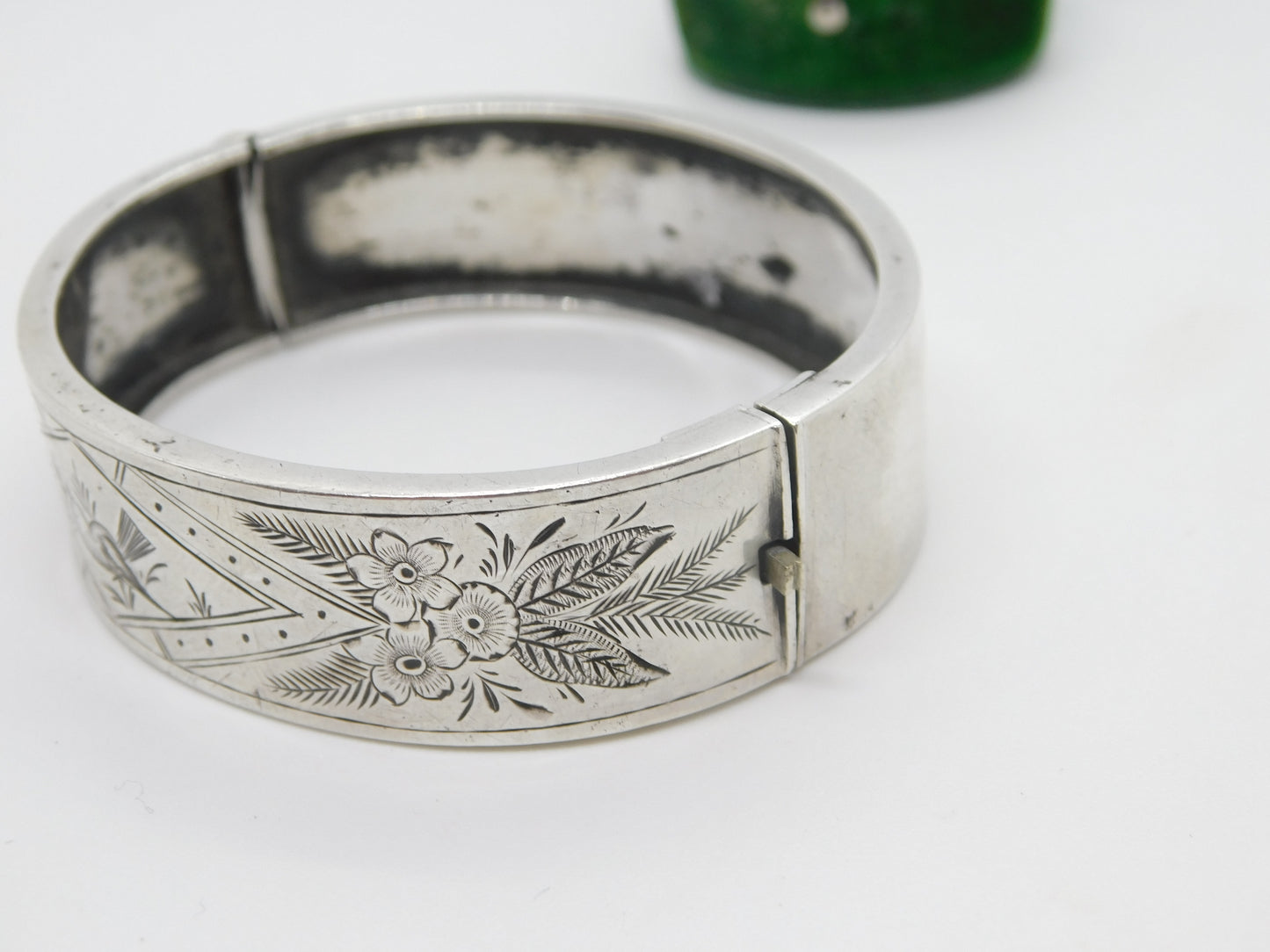 Victorian Sterling Silver Aesthetic Bird Floral Pattern Bangle Antique 1883 Birmingham