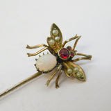 Victorian Sterling Silver Gilt, Opal, Seed Pearl & Garnet Insect Stick Pin c1890