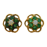 9ct Yellow Gold, Emerald & Opal Set Floral Cluster Stud Earrings Vintage