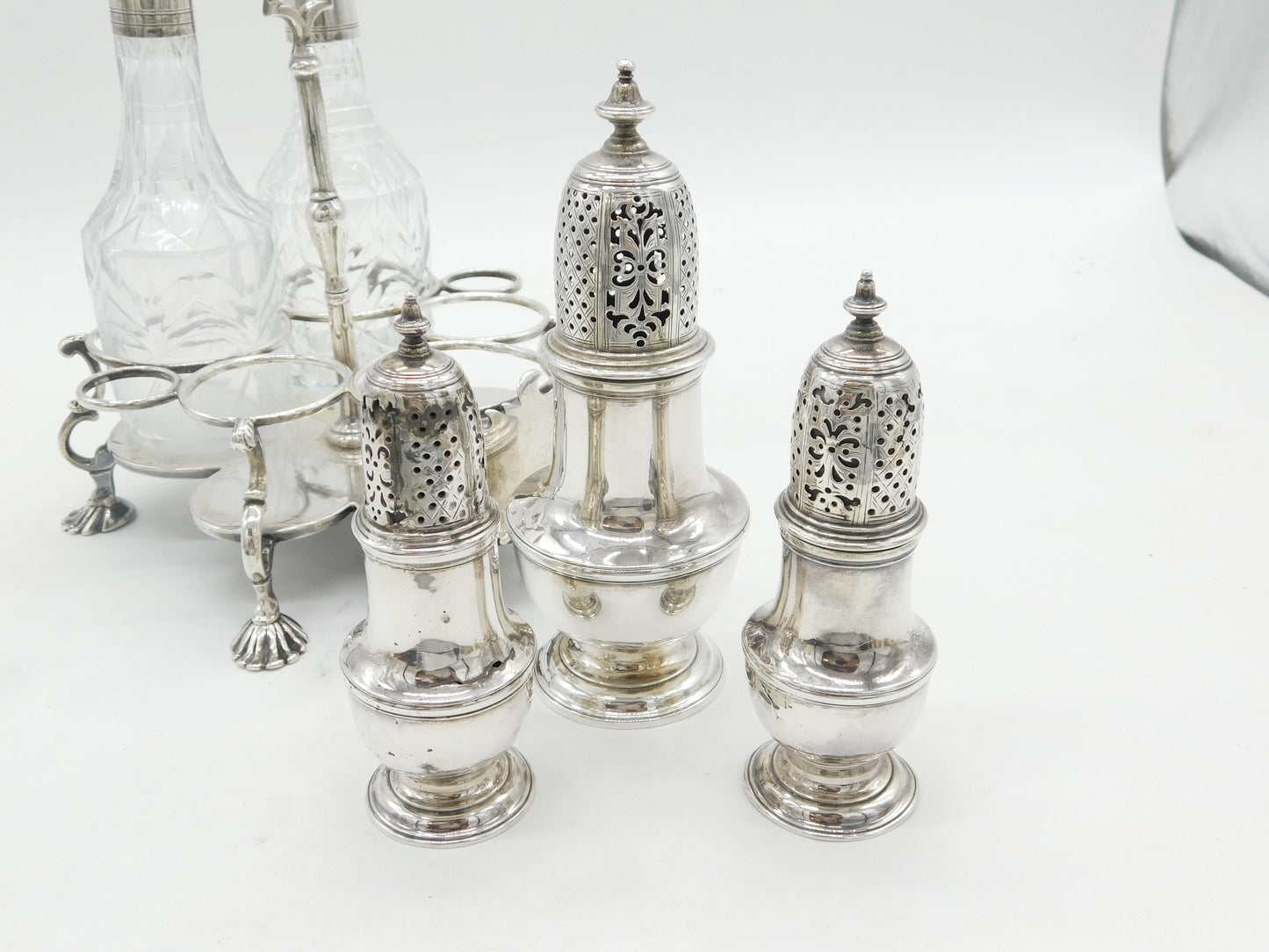 George II Sterling Silver Cut Glass Five-Piece Cruet Set Antique 1751 London