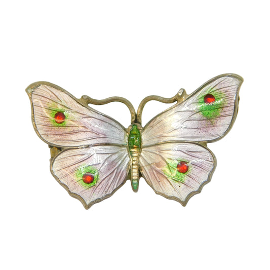Sterling Silver Guilloche Enamel Butterfy Brooch Antique 1913 Birmingham Deco