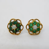 9ct Yellow Gold, Emerald & Opal Set Floral Cluster Stud Earrings Vintage