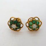 9ct Yellow Gold, Emerald & Opal Set Floral Cluster Stud Earrings Vintage