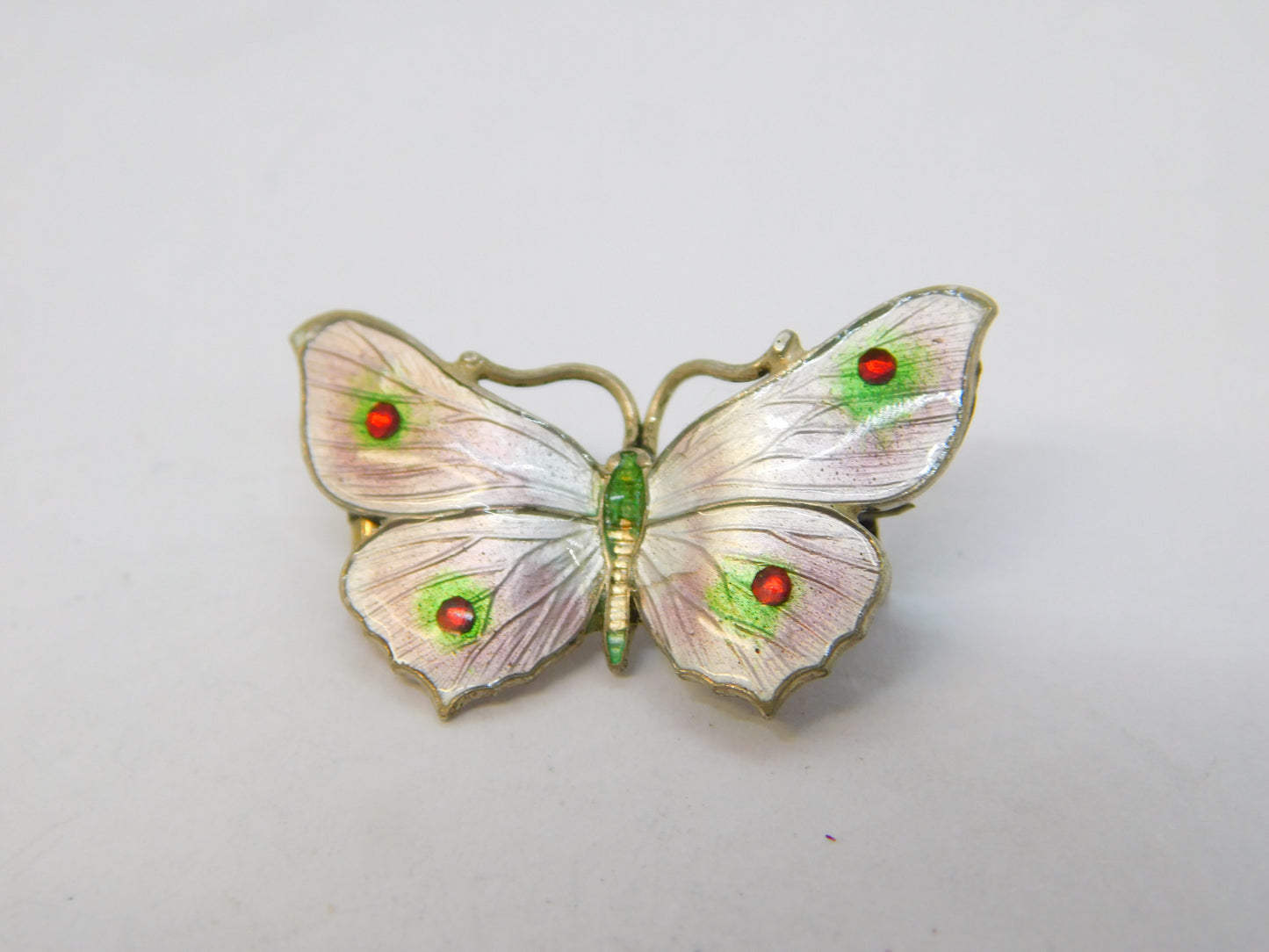 Sterling Silver Guilloche Enamel Butterfy Brooch Antique 1913 Birmingham Deco