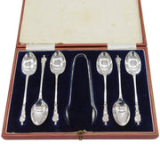 Boxed Set of Sterling Silver Apostle Spoons & Tongs Antique 1928 Sheffield