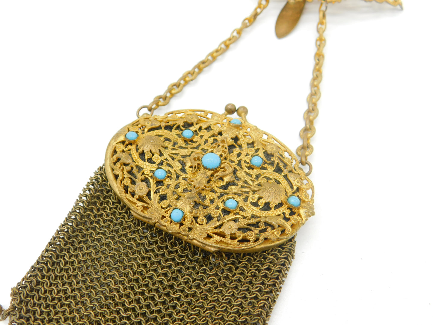 Victorian French Gilt Metal & Cabochon Turquoise Ladies Vanity Purse c1860