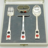Danish Boxed Sterling Silver & Enamel Ladybird Christening Set Vintage A. Michelsen