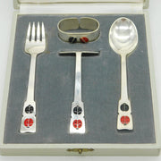 Danish Boxed Sterling Silver & Enamel Ladybird Christening Set Vintage A. Michelsen