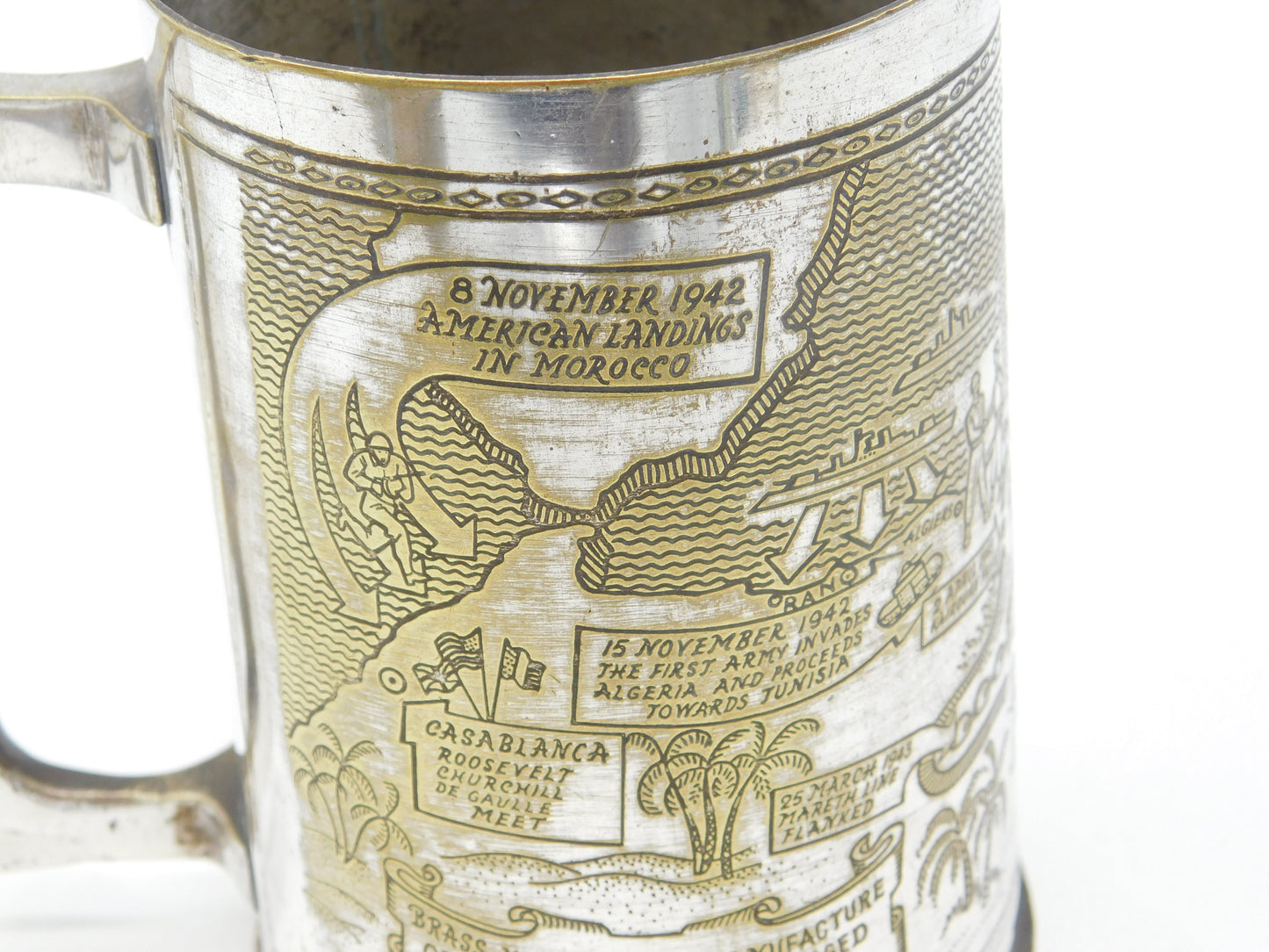 WWII Silver Plated Pint Tankard Detailing the Allied North Africa Campaign c1944