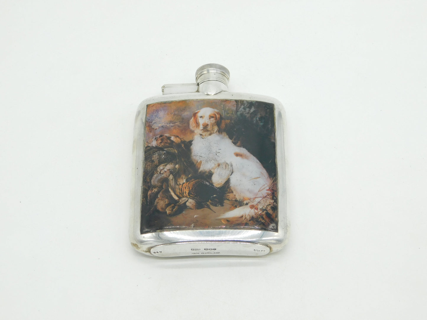 Sterling Silver Enamel Spaniel Gun Dog Hip Flask Antique 1930 Birmingham Deco