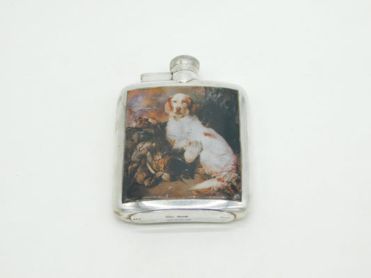 Sterling Silver Enamel Spaniel Gun Dog Hip Flask Antique 1930 Birmingham Deco