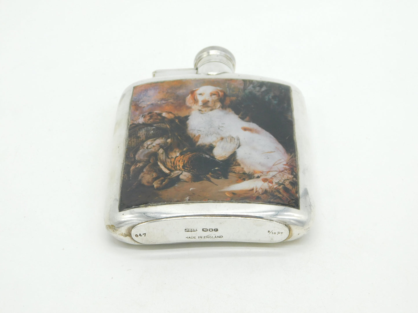 Sterling Silver Enamel Spaniel Gun Dog Hip Flask Antique 1930 Birmingham Deco