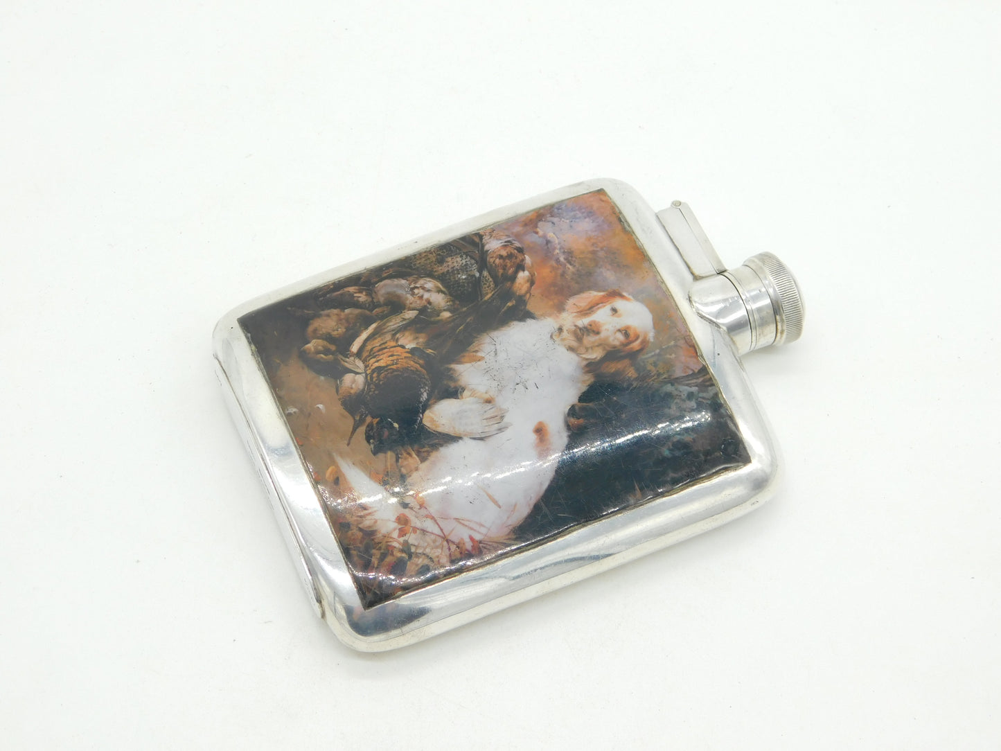 Sterling Silver Enamel Spaniel Gun Dog Hip Flask Antique 1930 Birmingham Deco