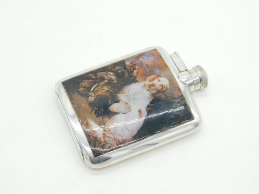 Sterling Silver Enamel Spaniel Gun Dog Hip Flask Antique 1930 Birmingham Deco