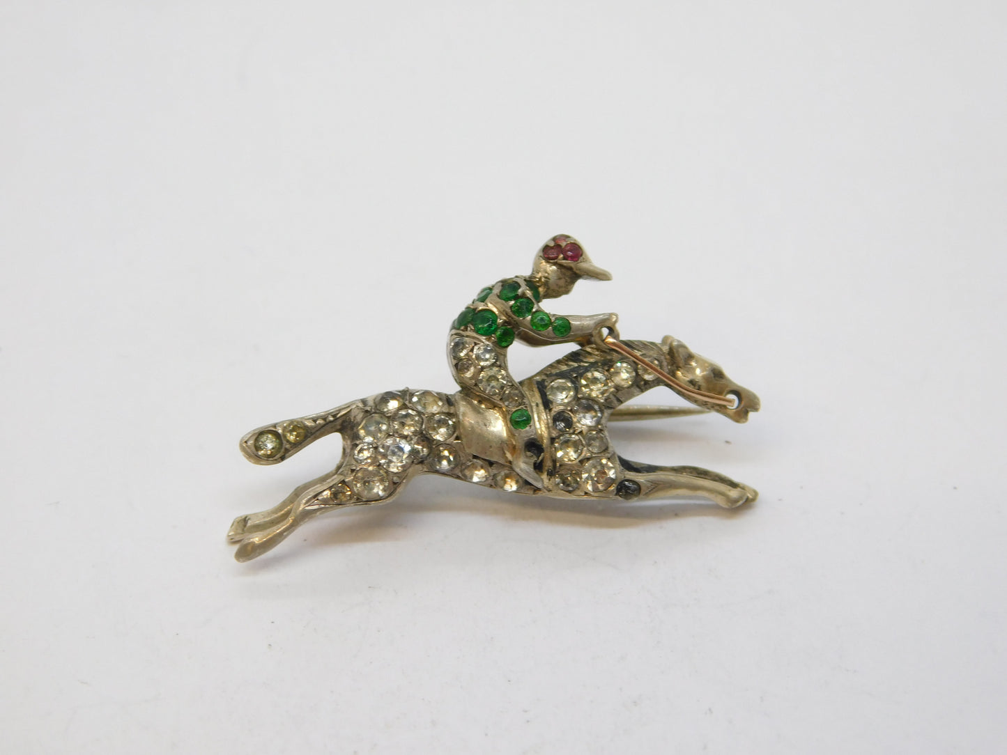 Victorian Sterling Silver, Gold & Paste Horse Racing Brooch Antique c1890